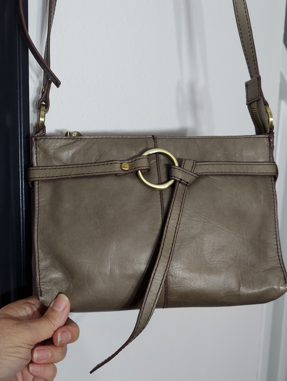 HOBO Crossbody Bag, "Libra" Genuine Leather, Olive Taupe Tone